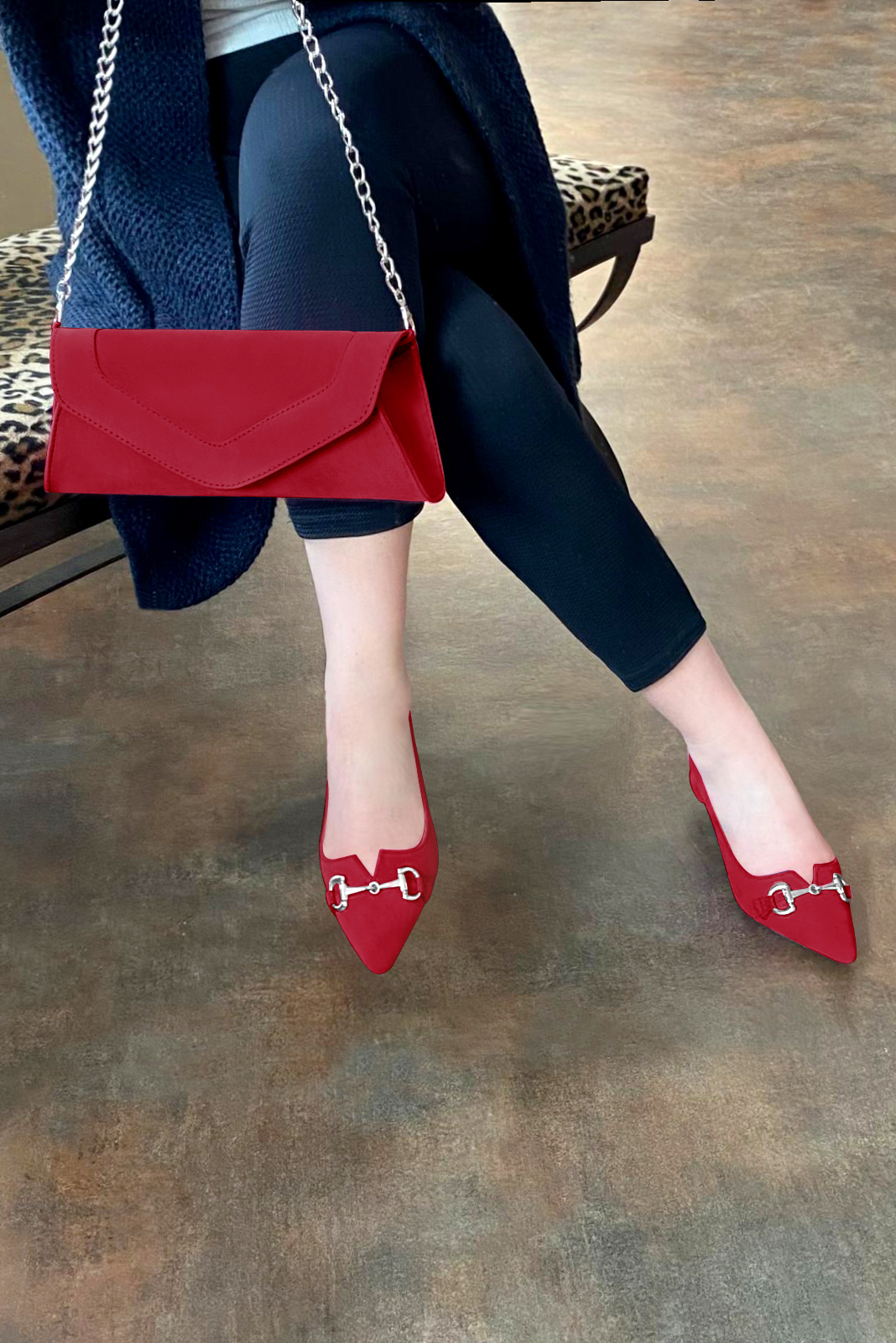 Cardinal red women's dress pumps,with a square neckline. Tapered toe. Low flare heels. Worn view - Florence KOOIJMAN